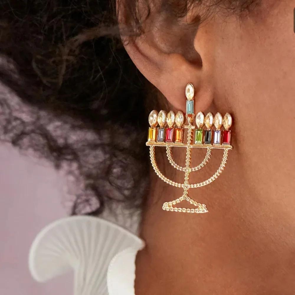 Menorah Earrings Colorful Hanukkah Earrings - Picture 3 of 10